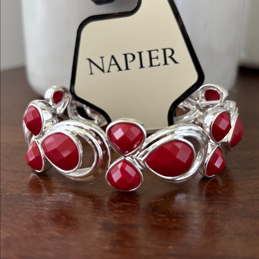 NapierTeardrop beveled acrylic red stones in silvertone,stretch,dressy,everyday